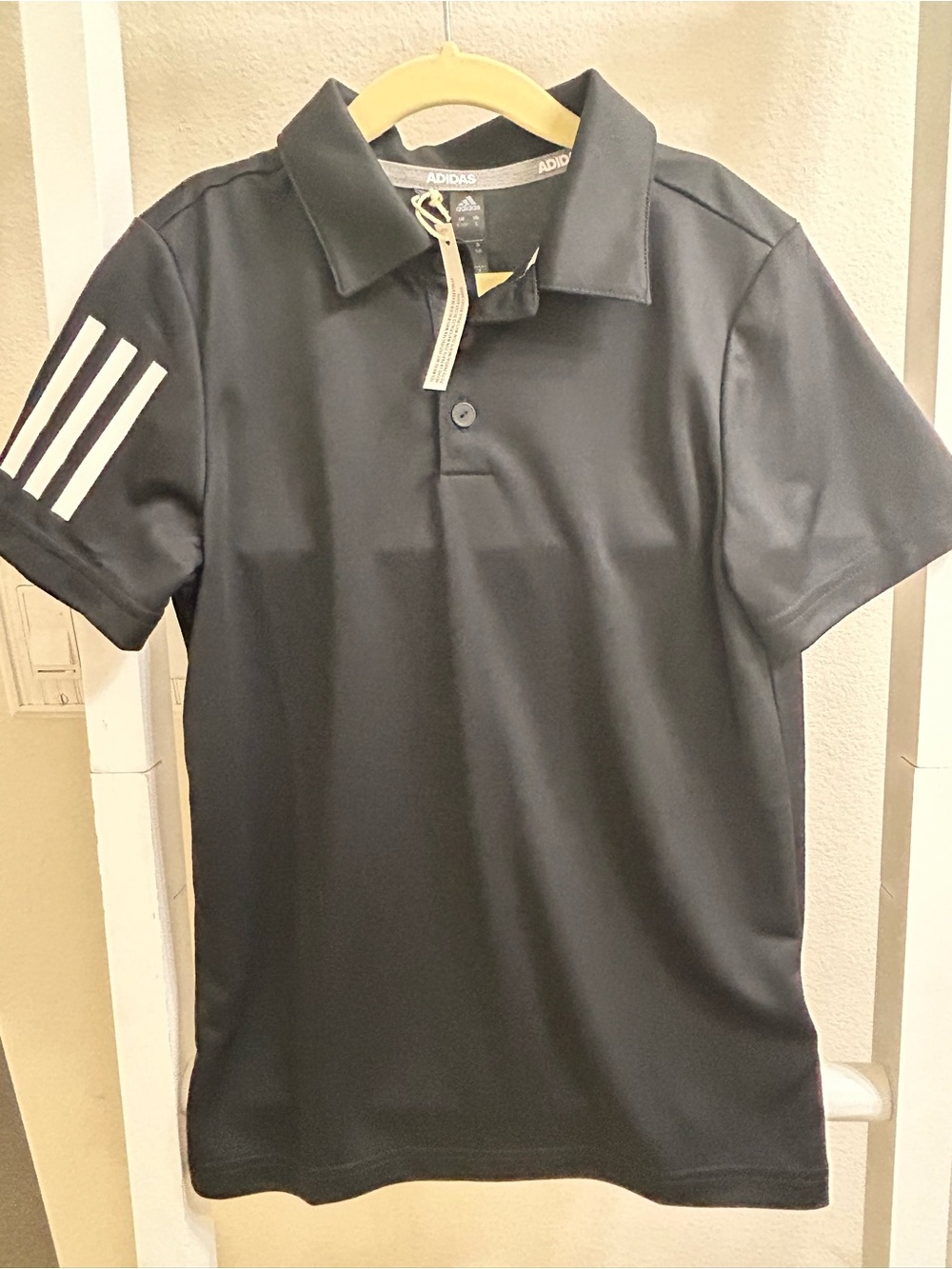 NWT Adidas kids Black Polo Shirt with Sleeve Stripes Golf Tennis